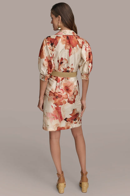 FLORAL PUFF SLEEVE MINI SHIRT DRESS - Cinnamon Multi