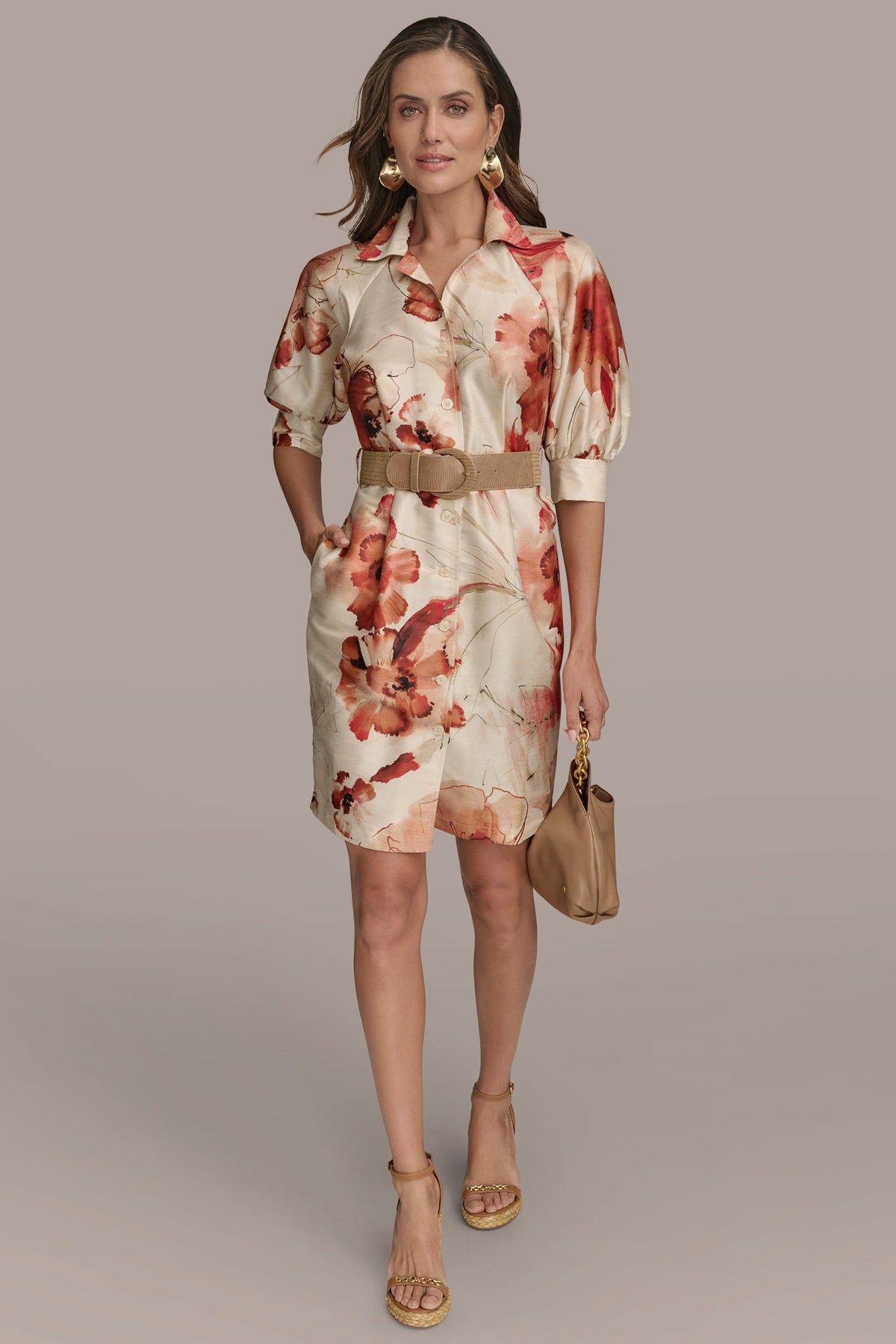 FLORAL PUFF SLEEVE MINI SHIRT DRESS - Cinnamon Multi