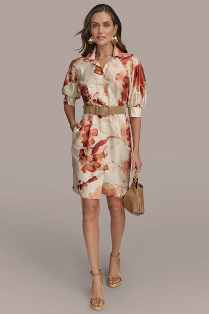 FLORAL PUFF SLEEVE MINI SHIRT DRESS - Cinnamon Multi