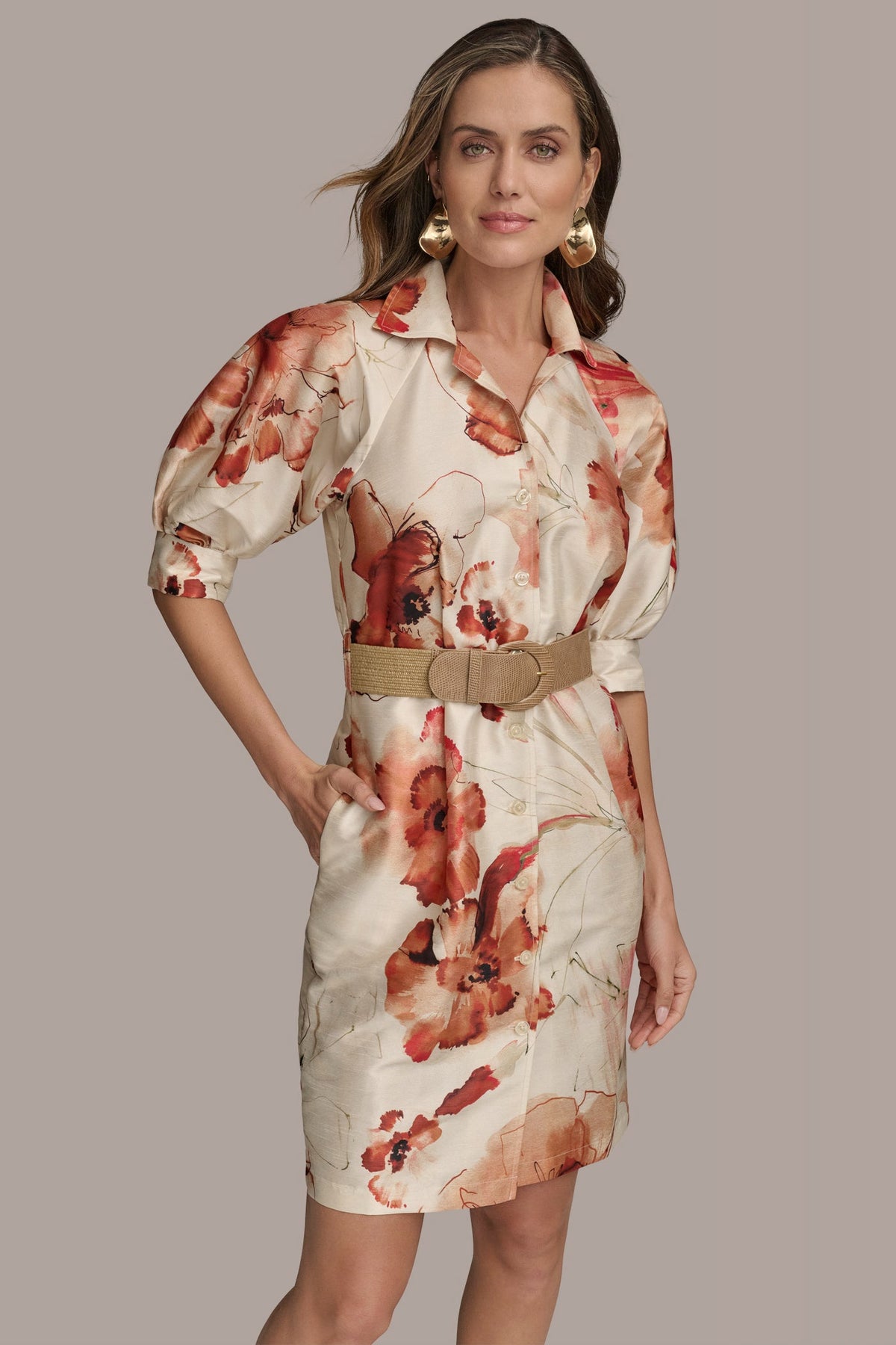 FLORAL PUFF SLEEVE MINI SHIRT DRESS - Cinnamon Multi