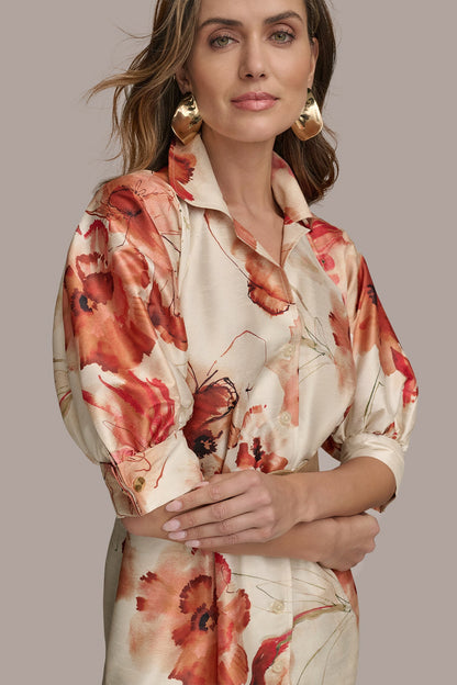 FLORAL PUFF SLEEVE MINI SHIRT DRESS - Cinnamon Multi