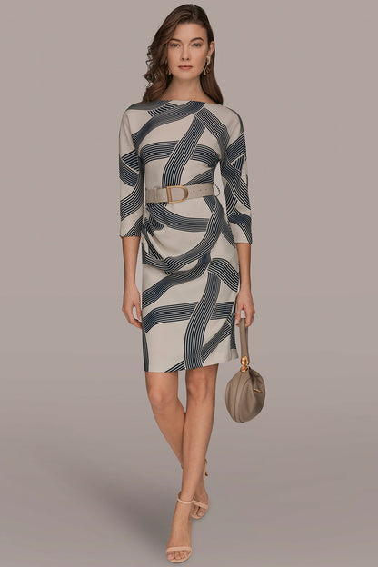 PRINTED 3/4 SLEEVE SHEATH DRESS - VELLUM/NIGHTFALL