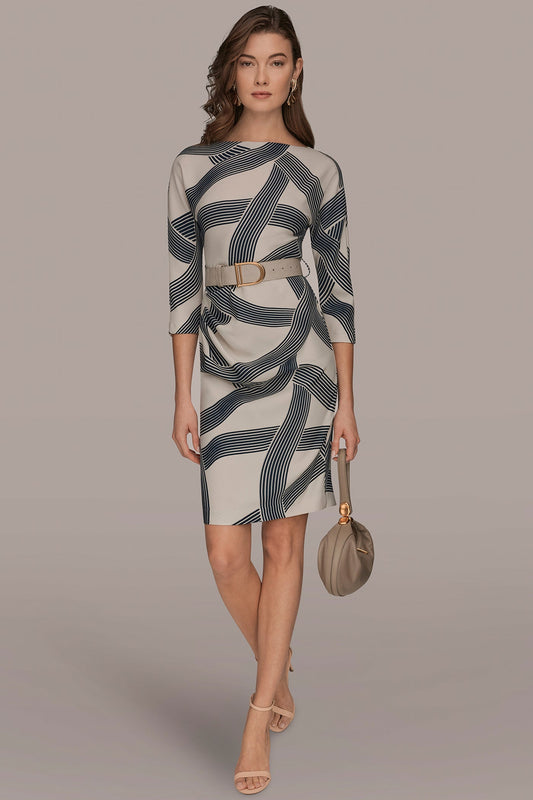 PRINTED 3/4 SLEEVE SHEATH DRESS - VELLUM/NIGHTFALL