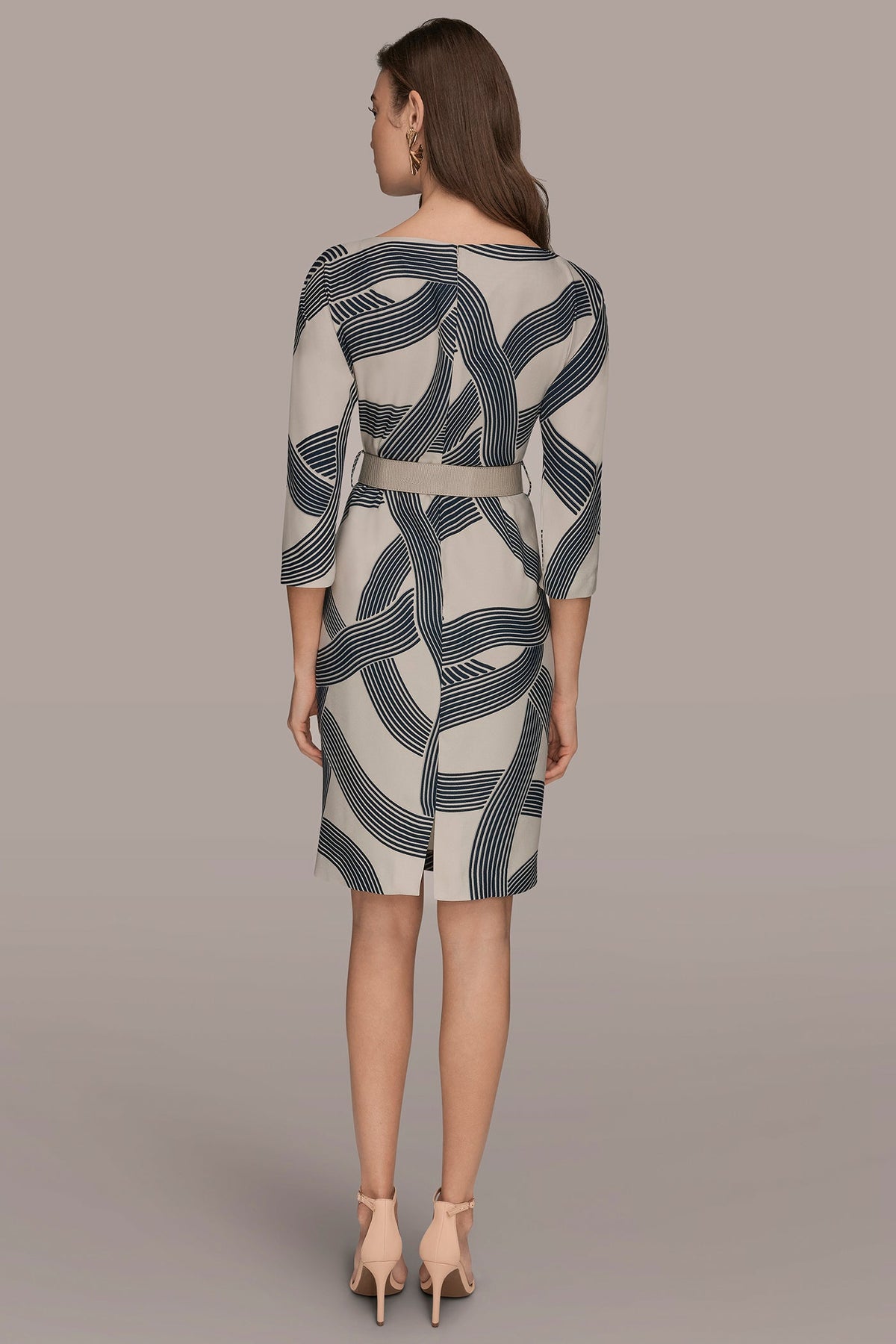 PRINTED 3/4 SLEEVE SHEATH DRESS - VELLUM/NIGHTFALL