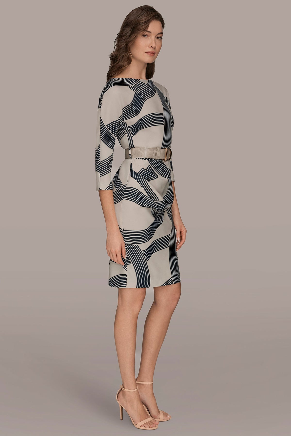 PRINTED 3/4 SLEEVE SHEATH DRESS - VELLUM/NIGHTFALL