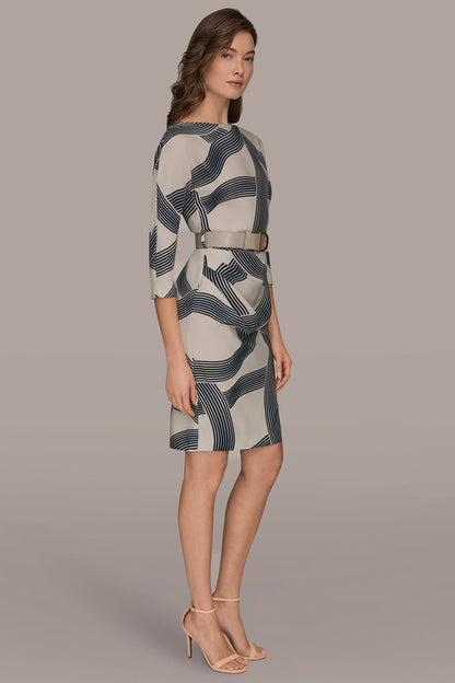 PRINTED 3/4 SLEEVE SHEATH DRESS - VELLUM/NIGHTFALL
