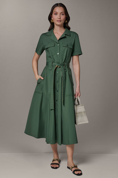 SHORT SLEEVE MIDI SHIRT DRESS - Verde/Fawn