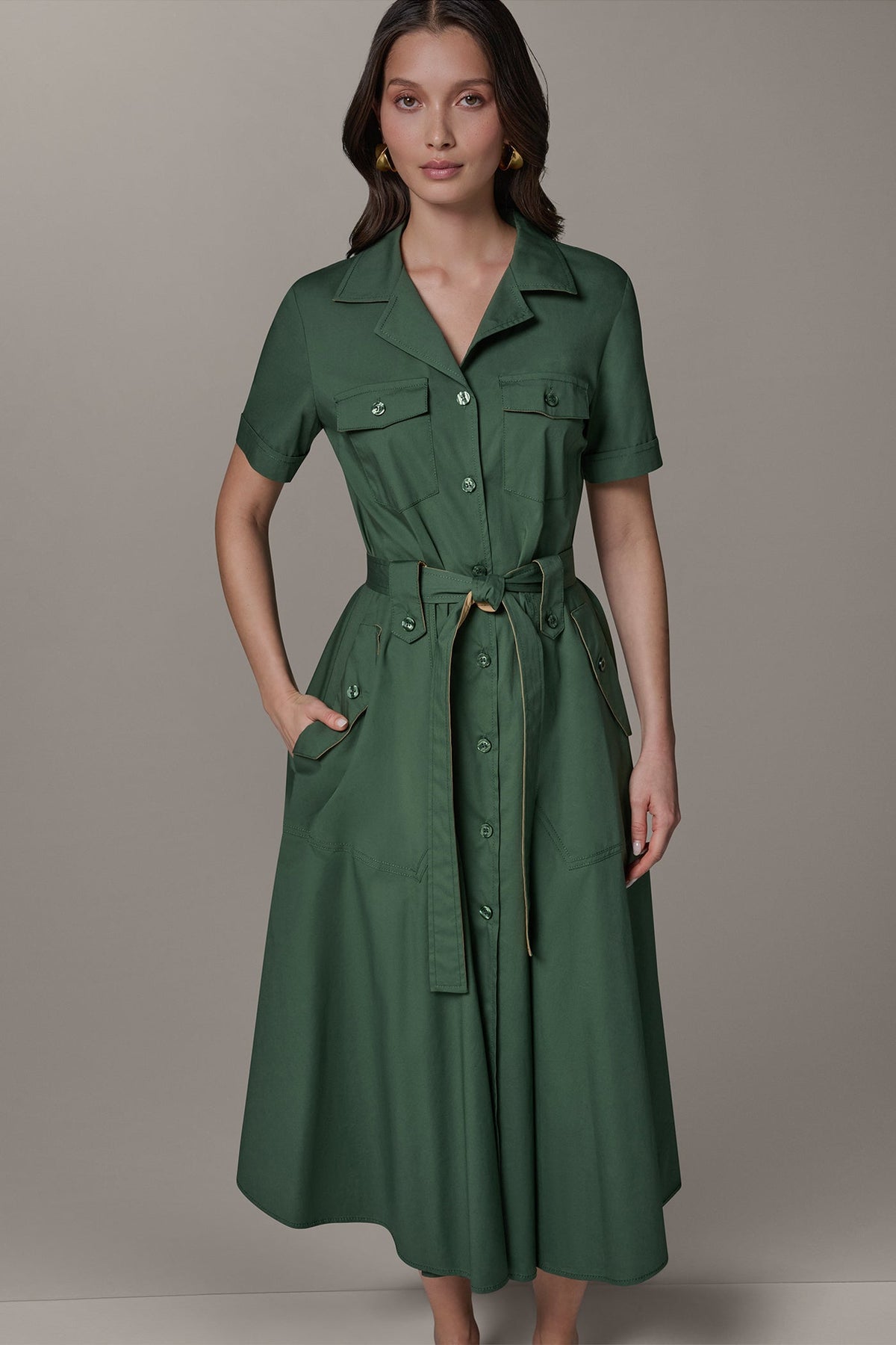 SHORT SLEEVE MIDI SHIRT DRESS - Verde/Fawn