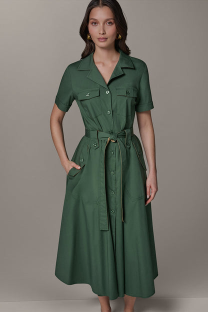 SHORT SLEEVE MIDI SHIRT DRESS - Verde/Fawn