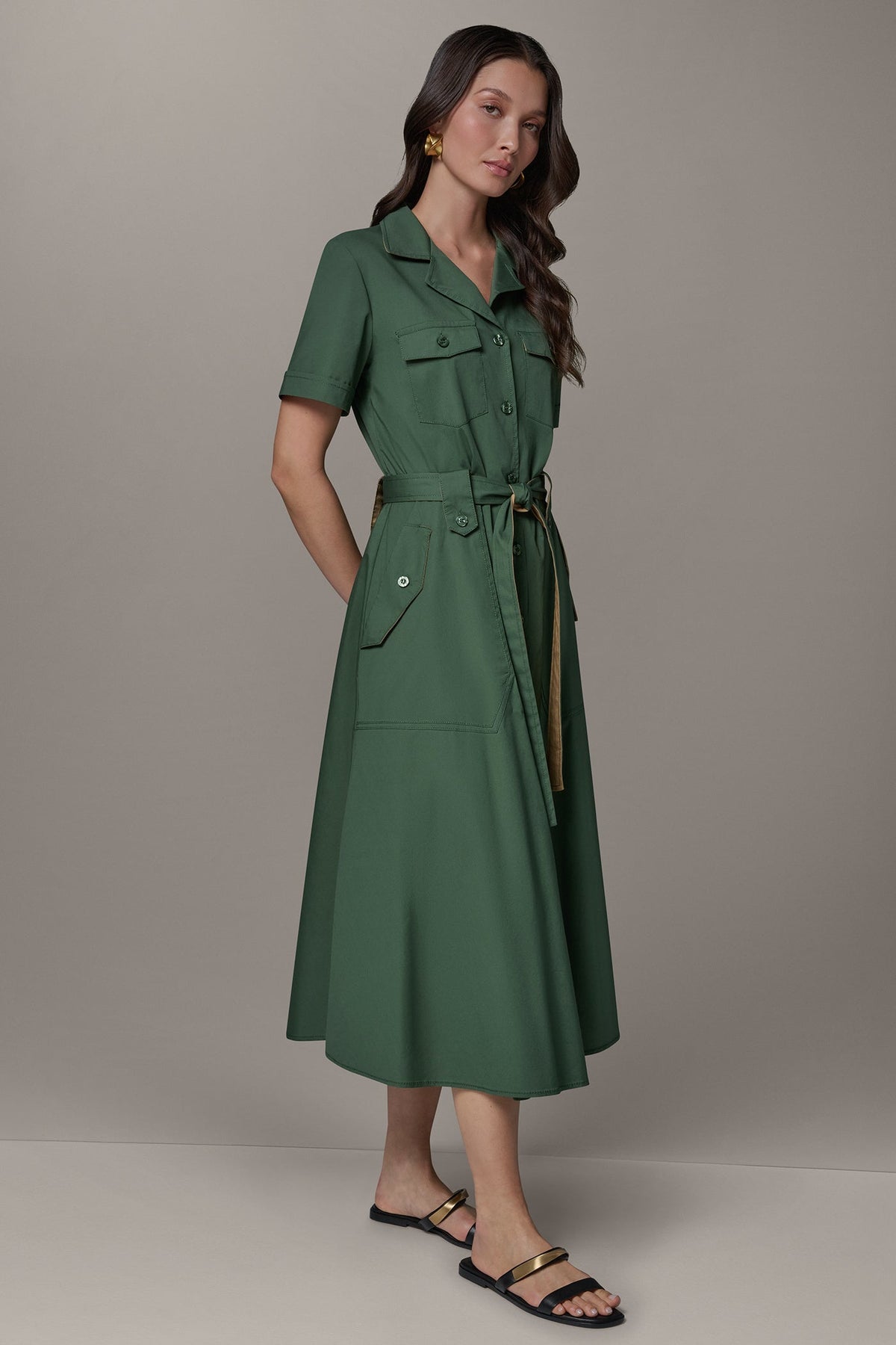 SHORT SLEEVE MIDI SHIRT DRESS - Verde/Fawn
