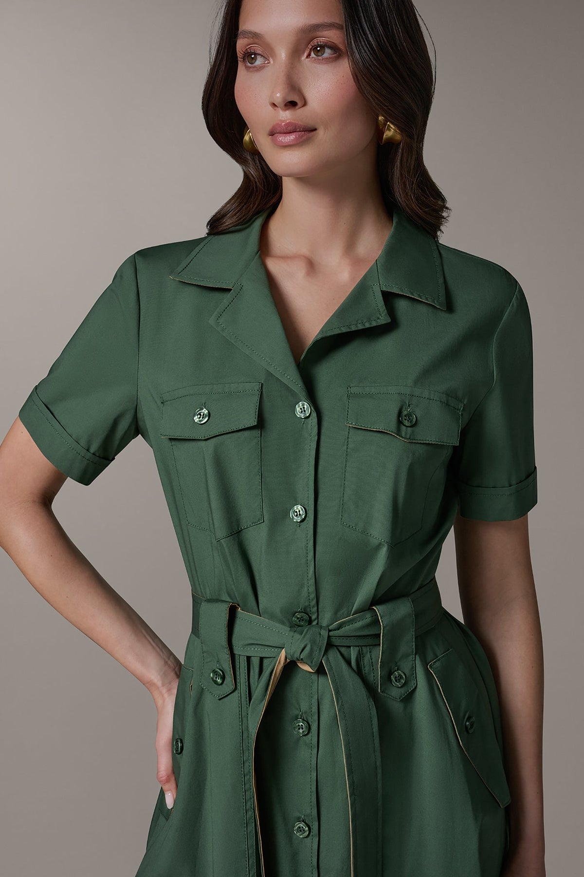 SHORT SLEEVE MIDI SHIRT DRESS - Verde/Fawn