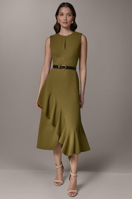SLEEVELESS RUFFLE MIDI HI-LOW DRESS - Smoky Olive