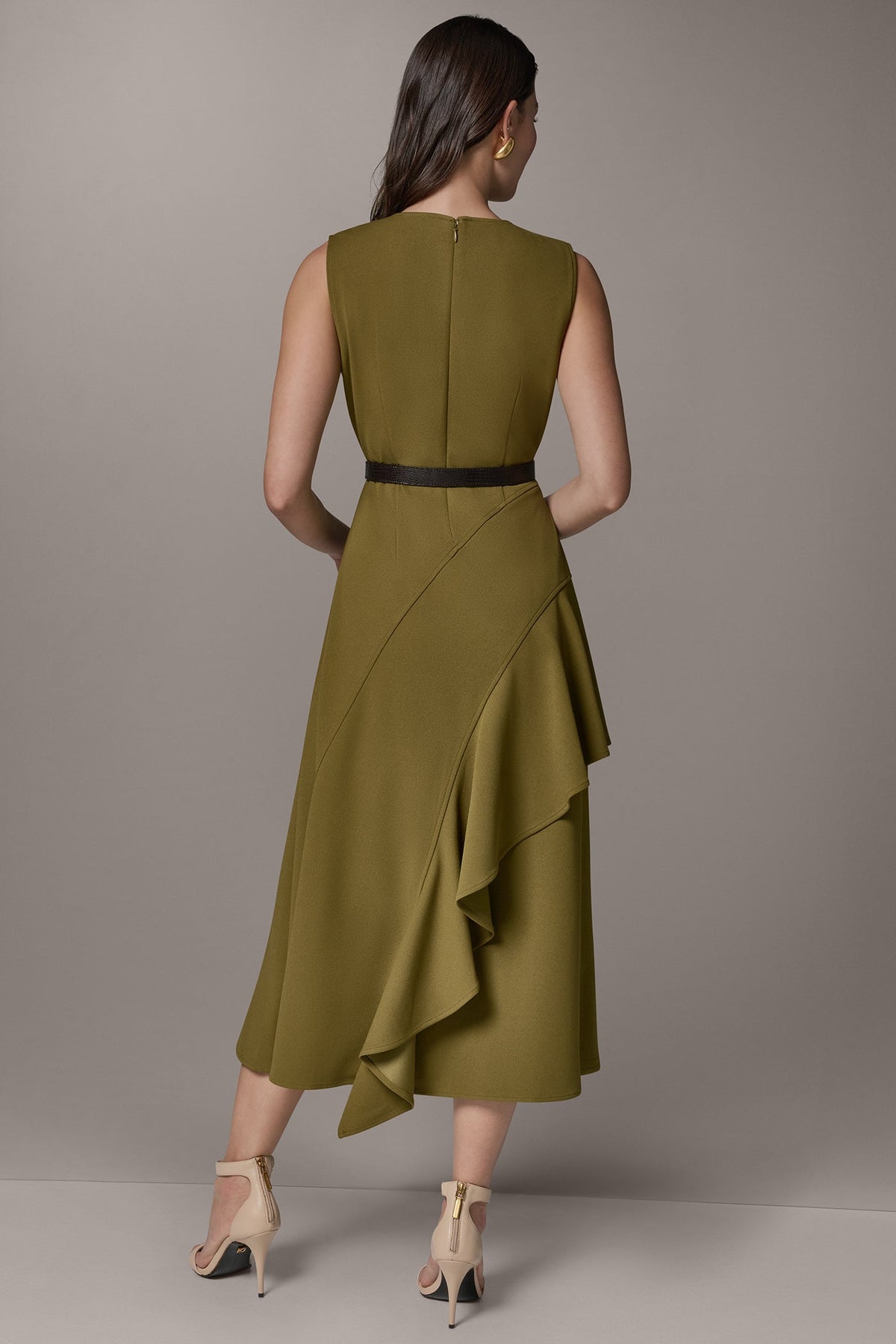 SLEEVELESS RUFFLE MIDI HI-LOW DRESS - Smoky Olive