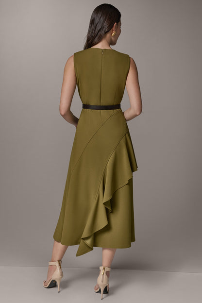 SLEEVELESS RUFFLE MIDI HI-LOW DRESS - Smoky Olive
