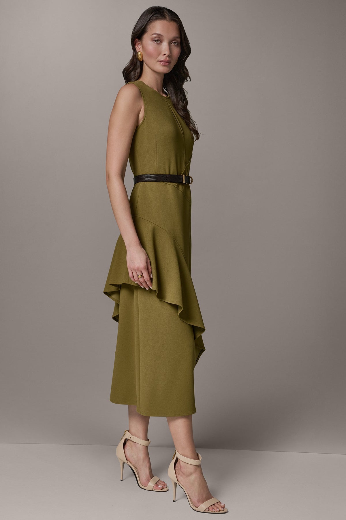 SLEEVELESS RUFFLE MIDI HI-LOW DRESS - Smoky Olive