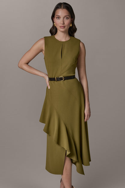 SLEEVELESS RUFFLE MIDI HI-LOW DRESS - Smoky Olive