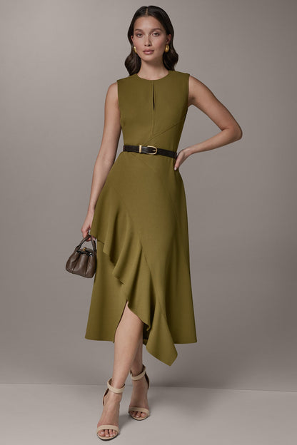SLEEVELESS RUFFLE MIDI HI-LOW DRESS - Smoky Olive