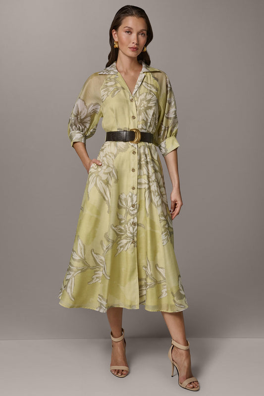 PUFF SLEEVE MIDI SHIRT DRESS - Summer Citron Multi