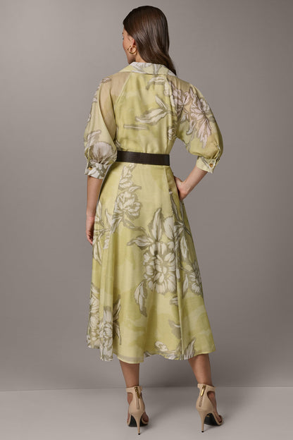PUFF SLEEVE MIDI SHIRT DRESS - Summer Citron Multi