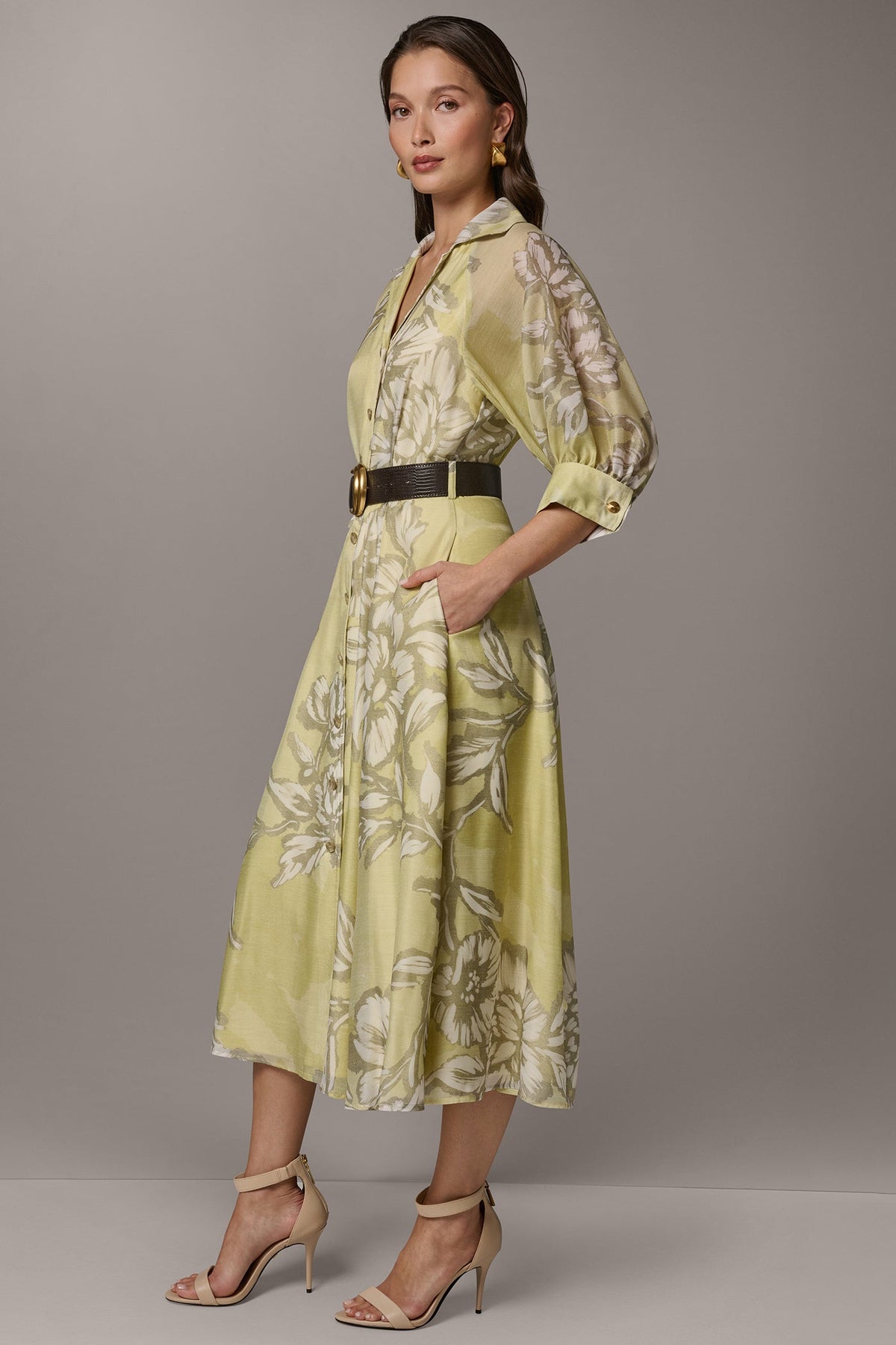 PUFF SLEEVE MIDI SHIRT DRESS - Summer Citron Multi
