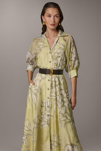 PUFF SLEEVE MIDI SHIRT DRESS - Summer Citron Multi