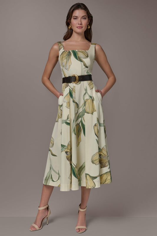 COTTON-SATEEN PRINTED MIDI A-LINE DRESS - Pannacotta Multi