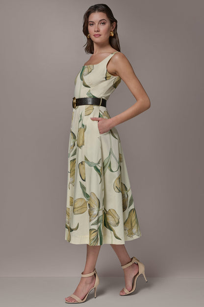 COTTON-SATEEN PRINTED MIDI A-LINE DRESS - Pannacotta Multi