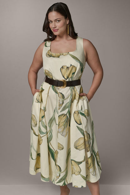 COTTON-SATEEN PRINTED MIDI A-LINE DRESS - Pannacotta Multi