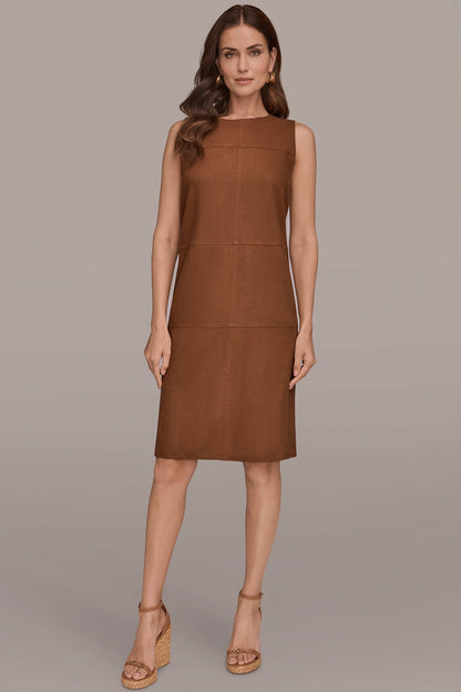 LINEN-BLEND SHIFT DRESS - COGNAC