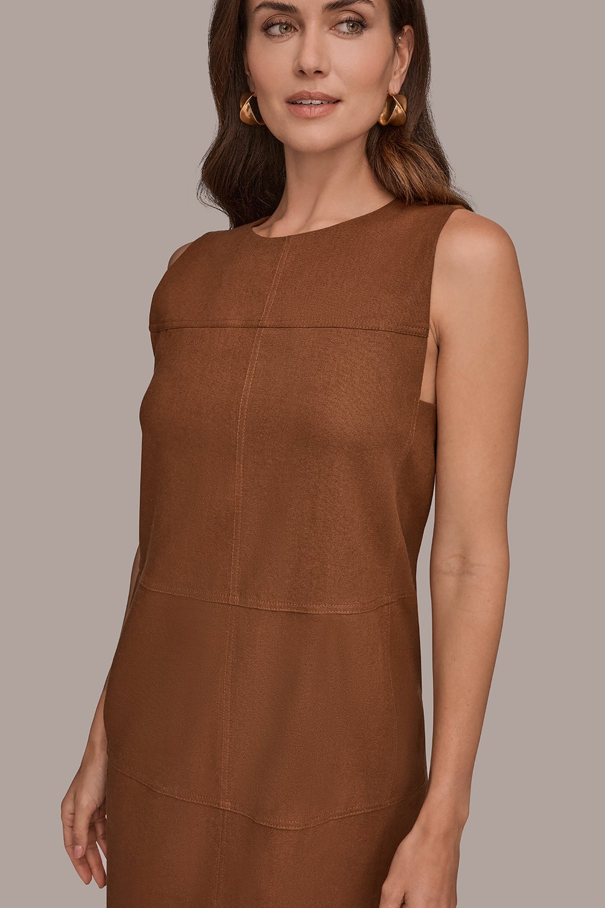 LINEN-BLEND SHIFT DRESS - COGNAC