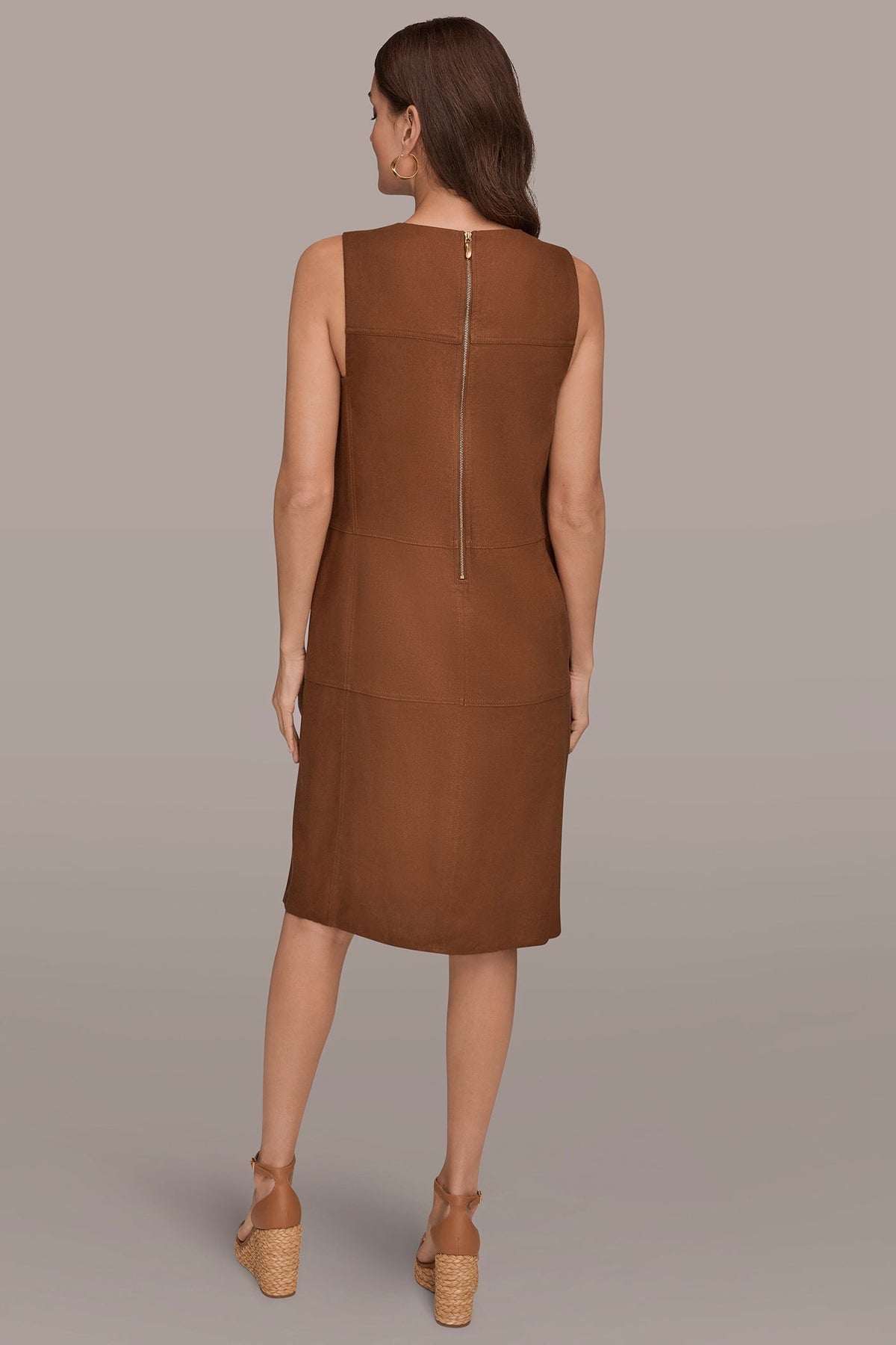 LINEN-BLEND SHIFT DRESS - COGNAC