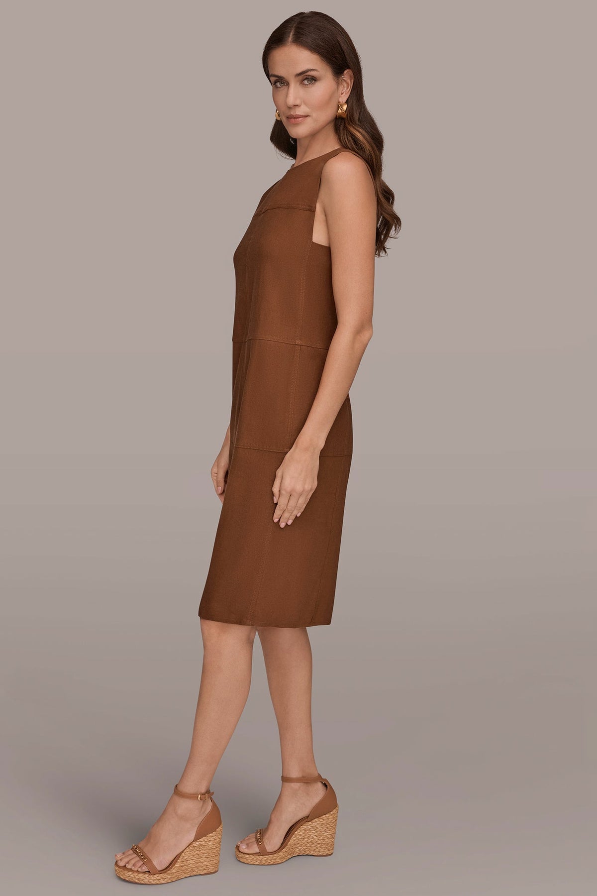 LINEN-BLEND SHIFT DRESS - COGNAC