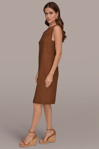 LINEN-BLEND SHIFT DRESS - COGNAC