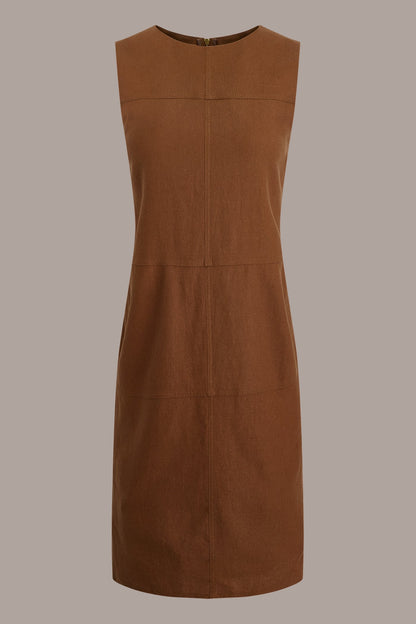 LINEN-BLEND SHIFT DRESS - COGNAC