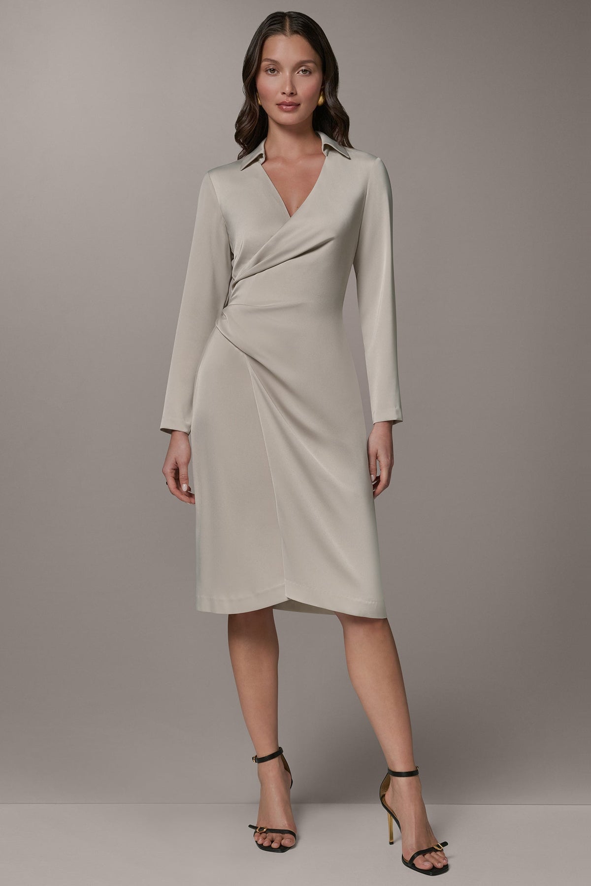 LONG SLEEVE WRAP-EFFECT SHIRT DRESS - Tuscan Grey