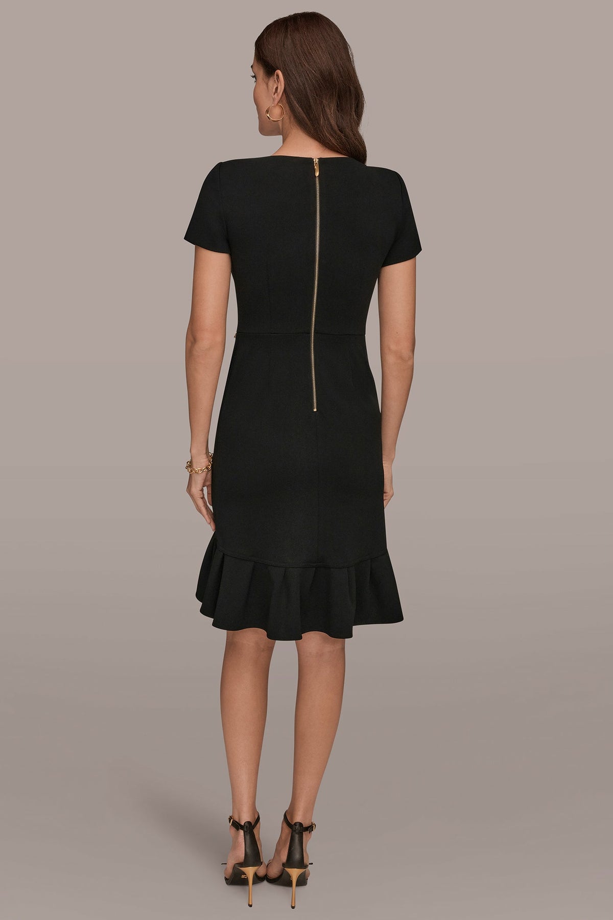 SHORT SLEEVE RUFFLE SHEATH DRESS - Black