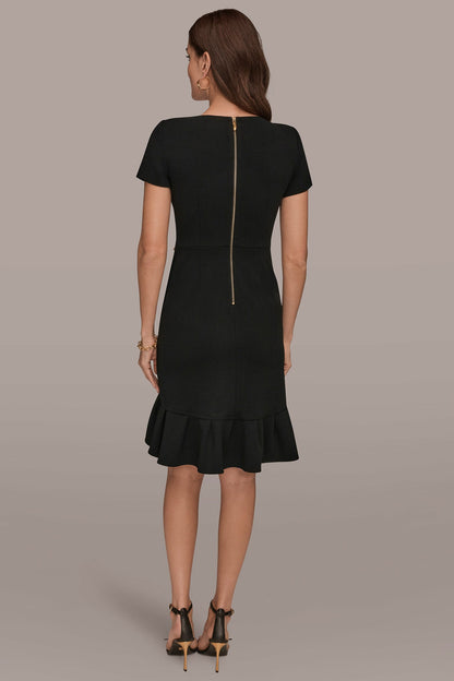 SHORT SLEEVE RUFFLE SHEATH DRESS - Black