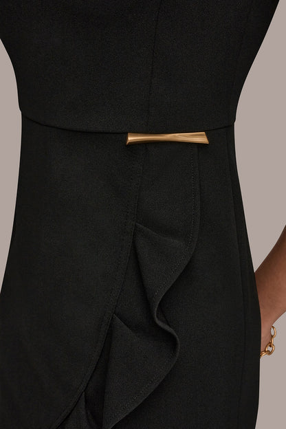 SHORT SLEEVE RUFFLE SHEATH DRESS - Black