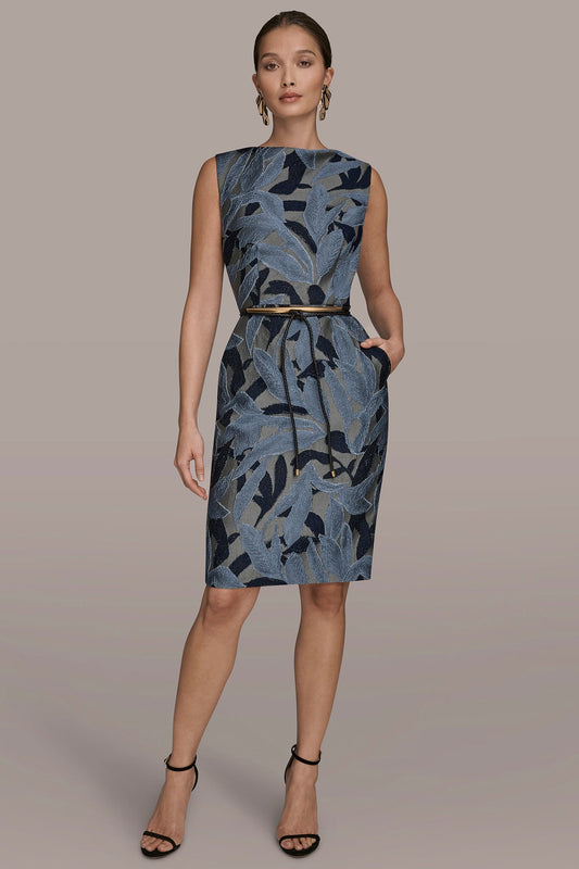 JACQUARD SLEEVELESS COWL-NECK SHEATH DRESS - VAPOR MULTI