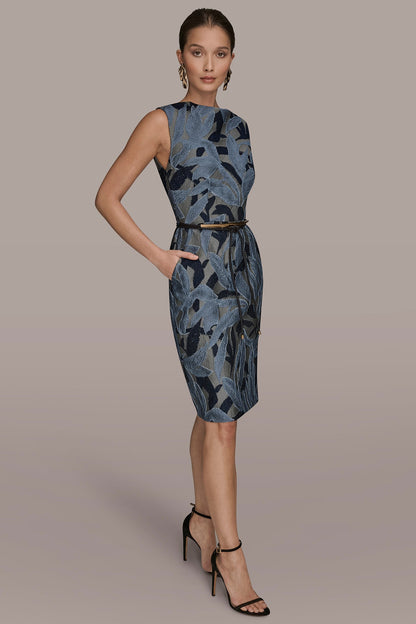 JACQUARD SLEEVELESS COWL-NECK SHEATH DRESS - VAPOR MULTI