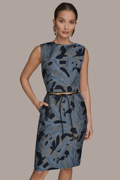 JACQUARD SLEEVELESS COWL-NECK SHEATH DRESS - VAPOR MULTI