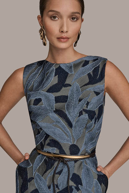 JACQUARD SLEEVELESS COWL-NECK SHEATH DRESS - VAPOR MULTI