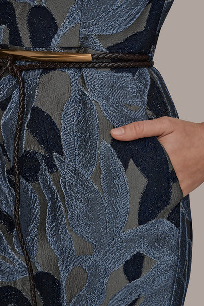 JACQUARD SLEEVELESS COWL-NECK SHEATH DRESS - VAPOR MULTI