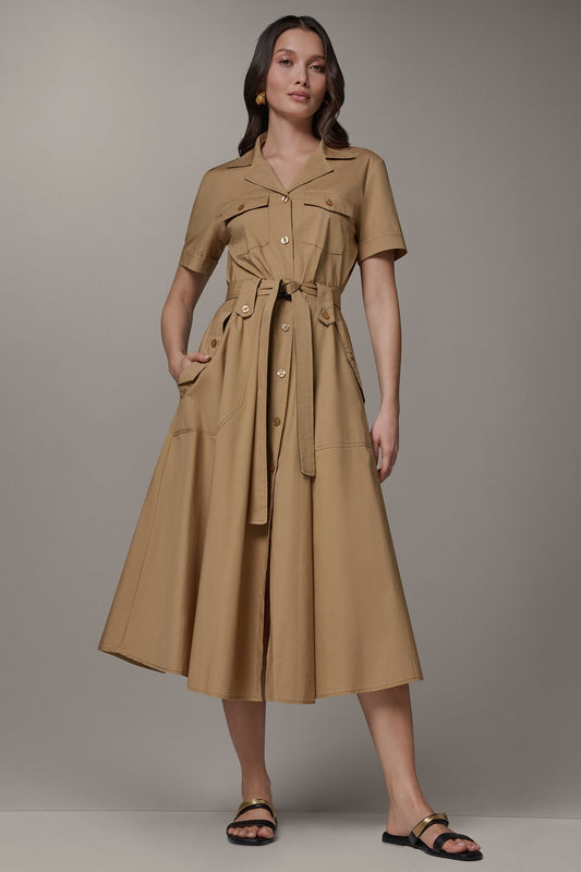 SHORT SLEEVE MIDI SHIRT DRESS - Fawn/ Black