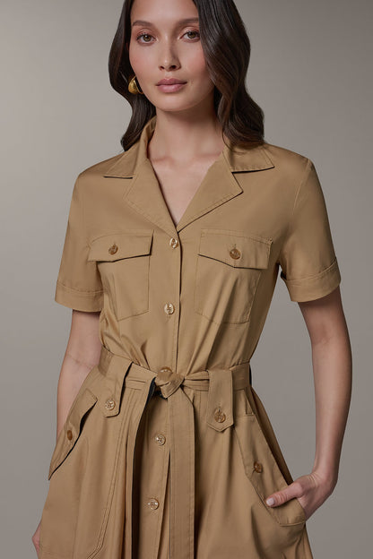 SHORT SLEEVE MIDI SHIRT DRESS - Fawn/ Black