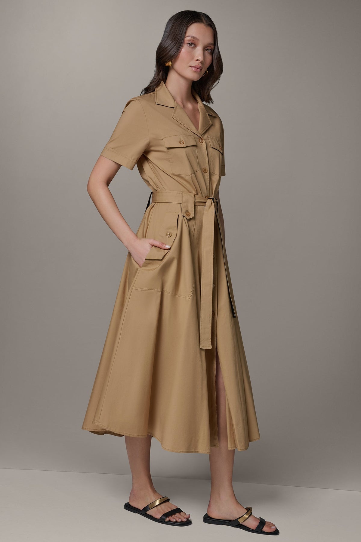 SHORT SLEEVE MIDI SHIRT DRESS - Fawn/ Black