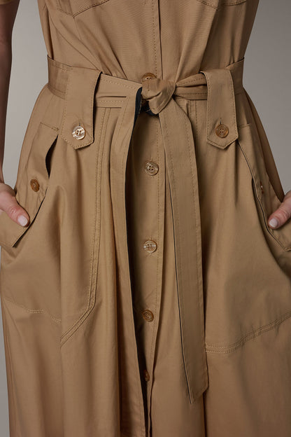 SHORT SLEEVE MIDI SHIRT DRESS - Fawn/ Black