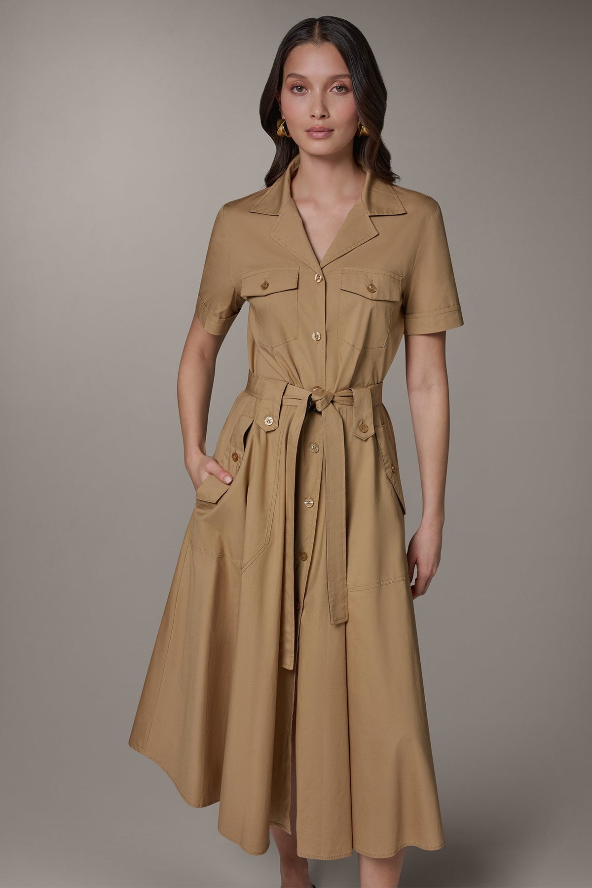 SHORT SLEEVE MIDI SHIRT DRESS - Fawn/ Black