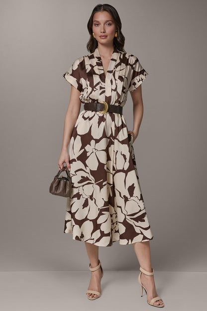 SHORT SLEEVE FLORAL MIDI A-LINE DRESS - Canyon/Canvas
