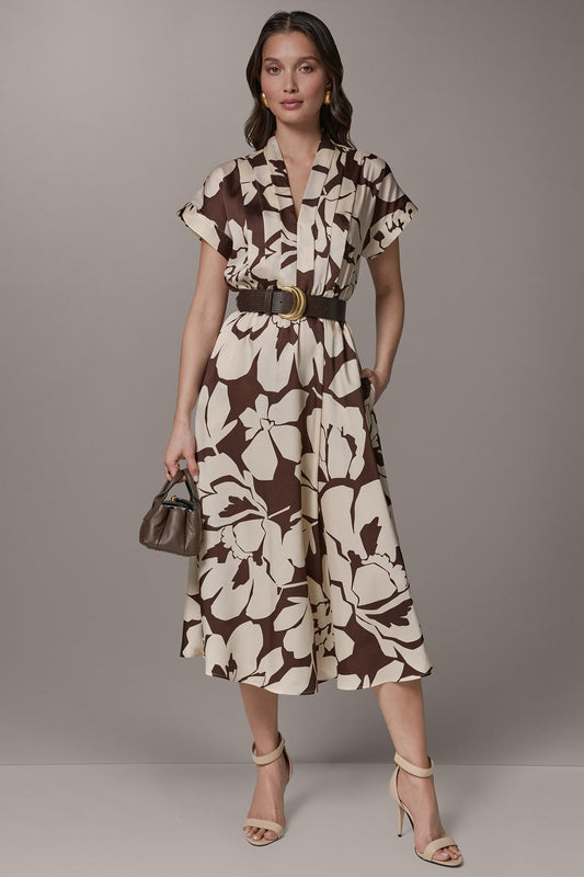 SHORT SLEEVE FLORAL MIDI A-LINE DRESS - Canyon/Canvas
